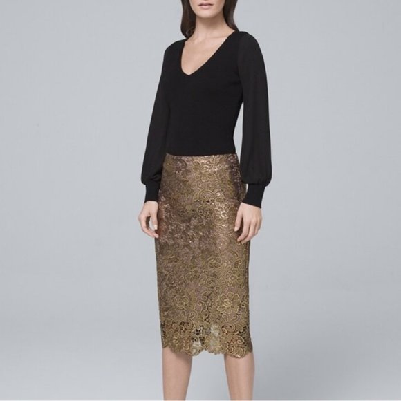 NEW WHBM Metallic Gold Lace Midi Skirt - Picture 3 of 13